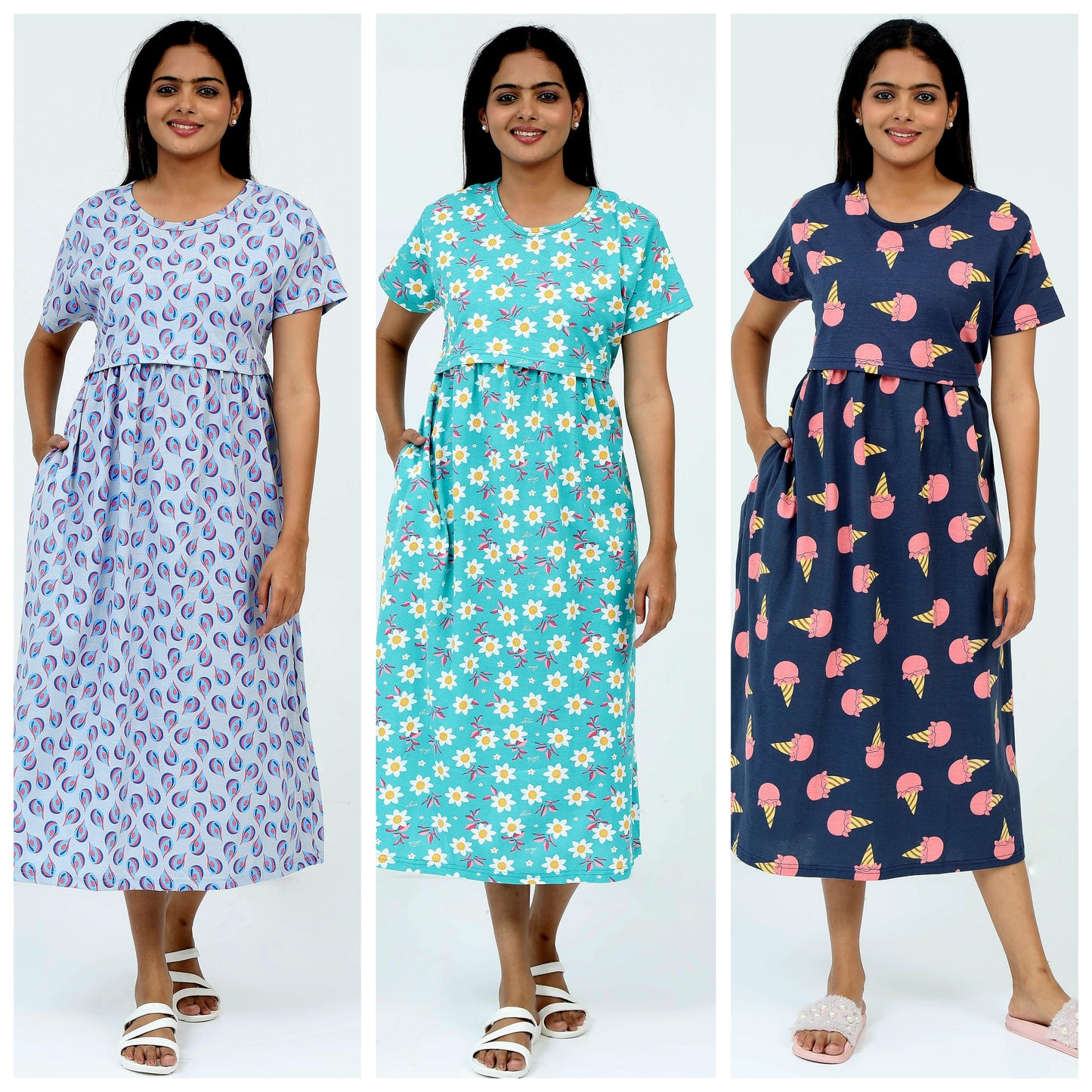 Women's Pure Cotton Maternity Gown/Maternity wear/Feeding 3 pieces