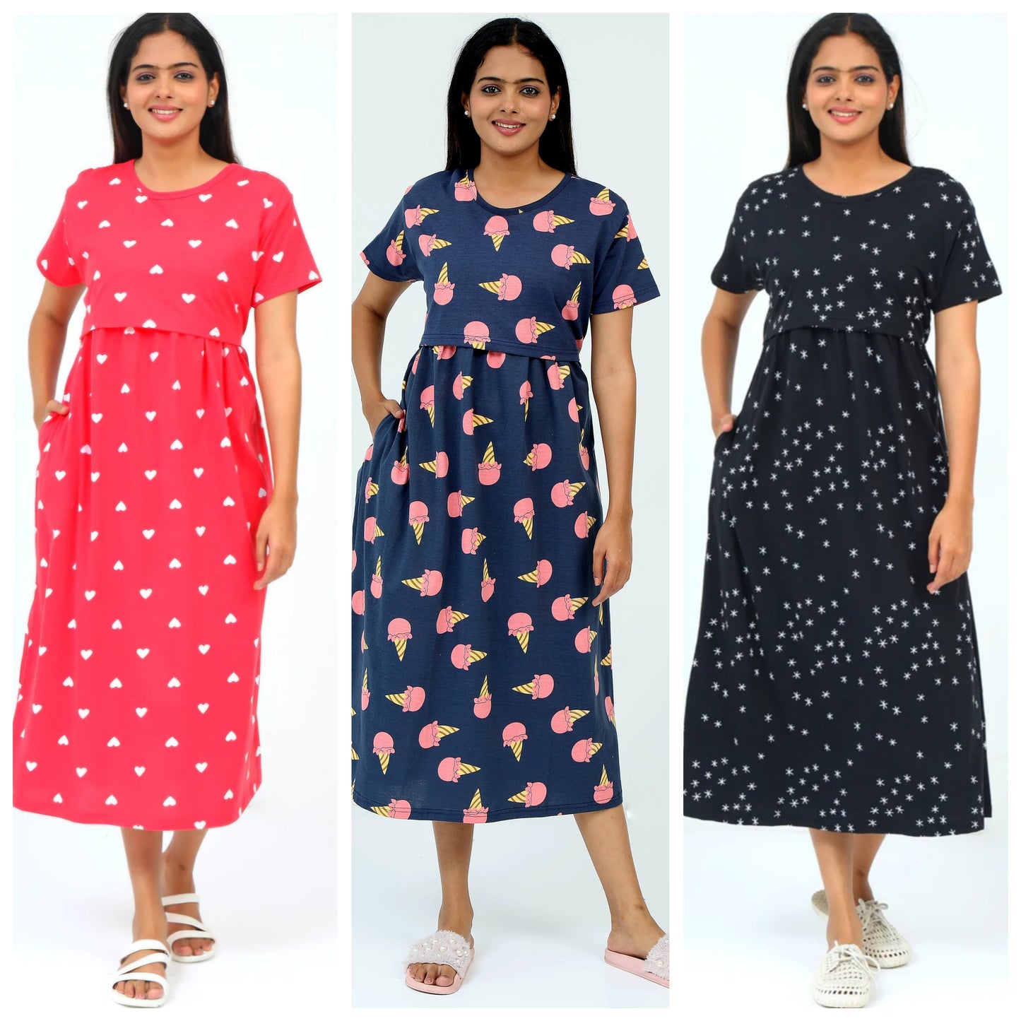 Women's Pure Cotton Maternity Gown/Maternity wear/Feeding 3 pieces