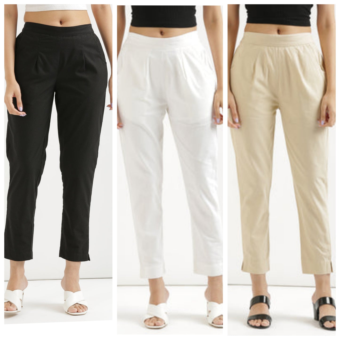3 piece Women Cotton blended rayon Pant Half-Elasticated Waist Regular Slim Fit Trouser, Pocket Pants for Office School Formal Casual Daily Use