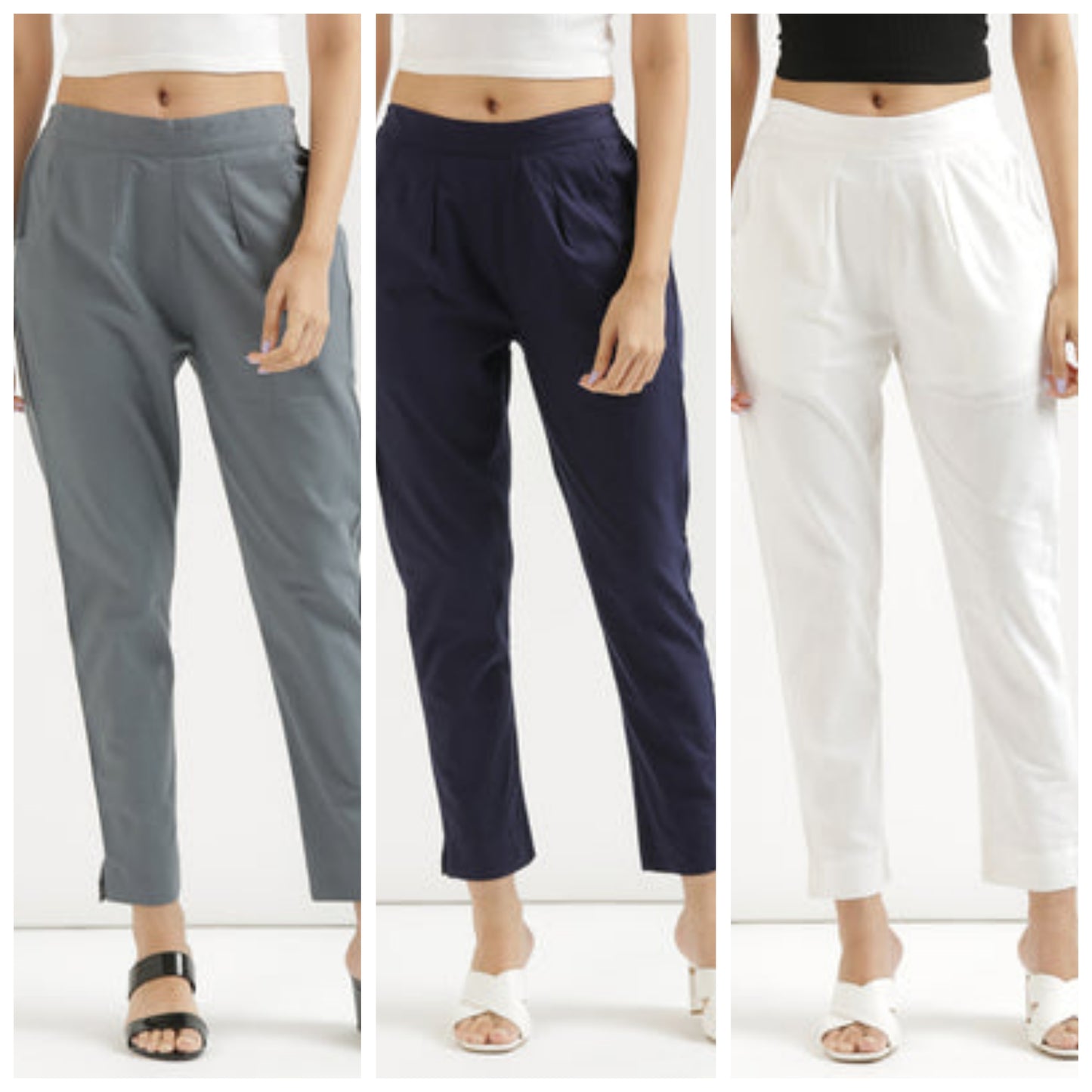 Women Cotton Pant Elasticated Waist Regular Slim Fit Trouser, Pocket Pants for Office School Formal Casual Daily Use