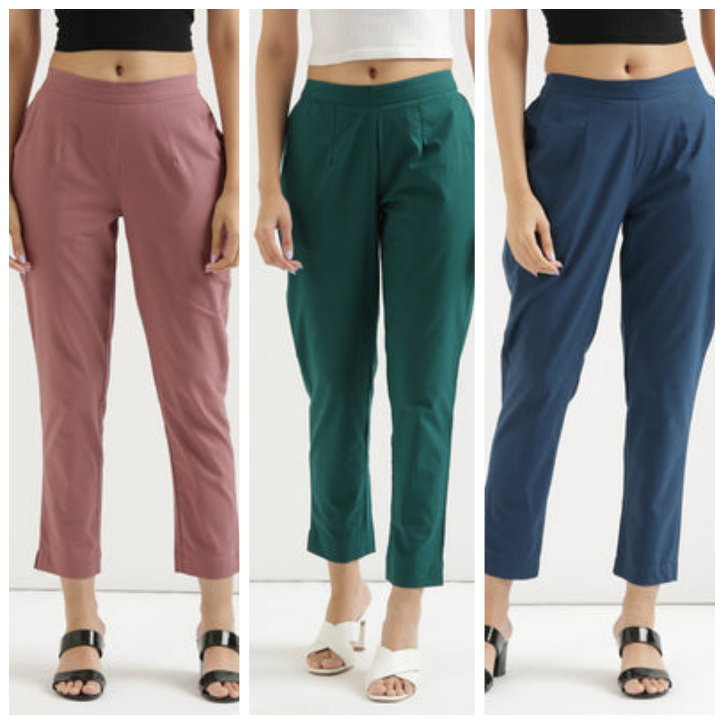 3 piece Women Cotton blended rayon Pant Half-Elasticated Waist Regular Slim Fit Trouser, Pocket Pants for Office School Formal Casual Daily Use
