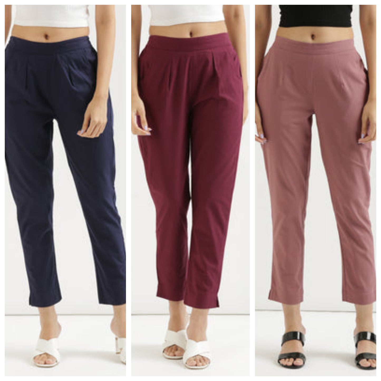 3 piece Women Cotton blended rayon Pant Half-Elasticated Waist Regular Slim Fit Trouser, Pocket Pants for Office School Formal Casual Daily Use