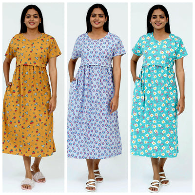 Women's Pure Cotton Maternity Gown/Maternity wear/Feeding 3 pieces