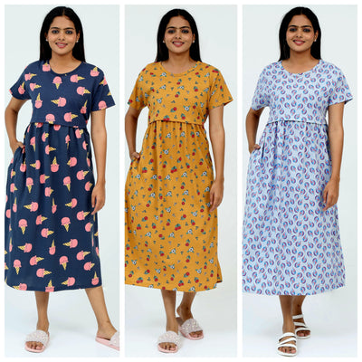 Women's Pure Cotton Maternity Gown/Maternity wear/Feeding 3 pieces