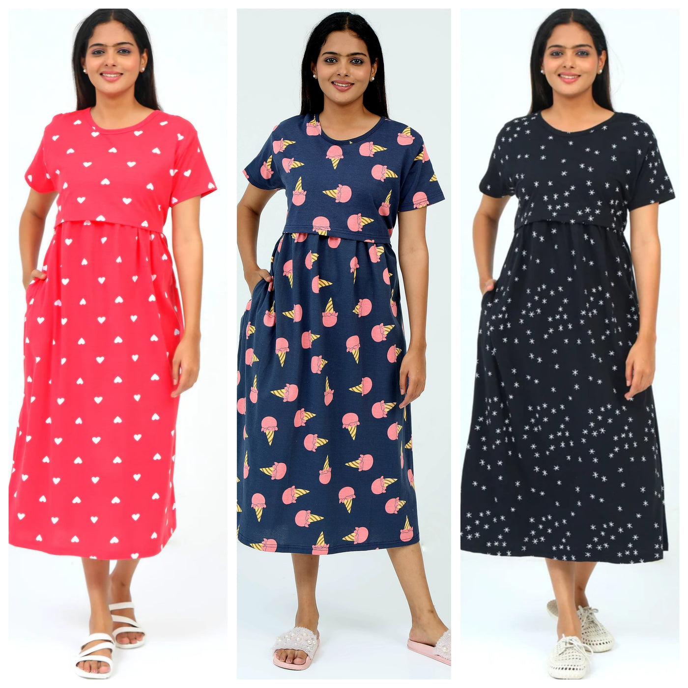 Women's Pure Cotton Maternity Gown/Maternity wear/Feeding 3 pieces