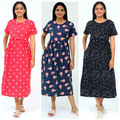 Women's Pure Cotton Maternity Gown/Maternity wear/Feeding 3 pieces