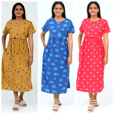 Women's Pure Cotton Maternity Gown/Maternity wear/Feeding 3 pieces