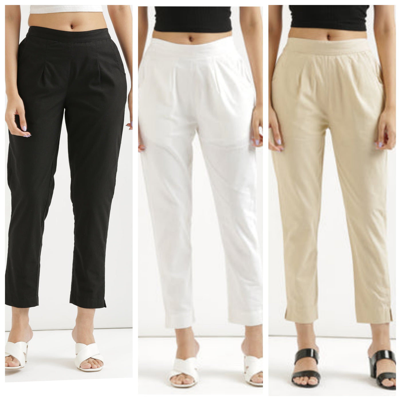 Women Cotton Pant Elasticated Waist Regular Slim Fit Trouser, Pocket Pants for Office School Formal Casual Daily Use