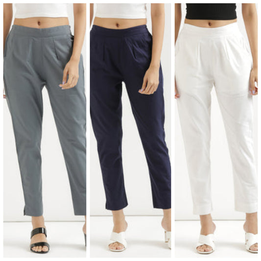 Women Cotton Pant Elasticated Waist Regular Slim Fit Trouser, Pocket Pants for Office School Formal Casual Daily Use