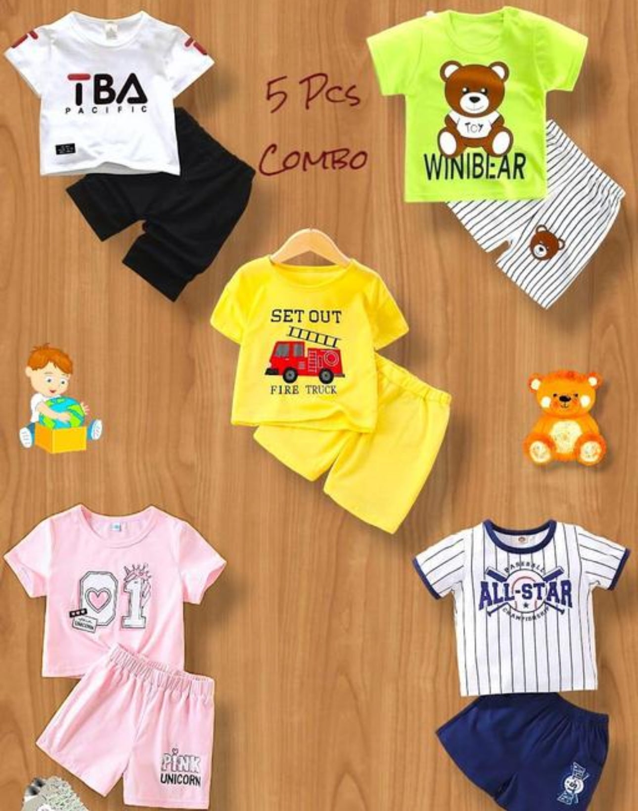 5 sets Boys & Girls Casual T-shirt Shorts Combo